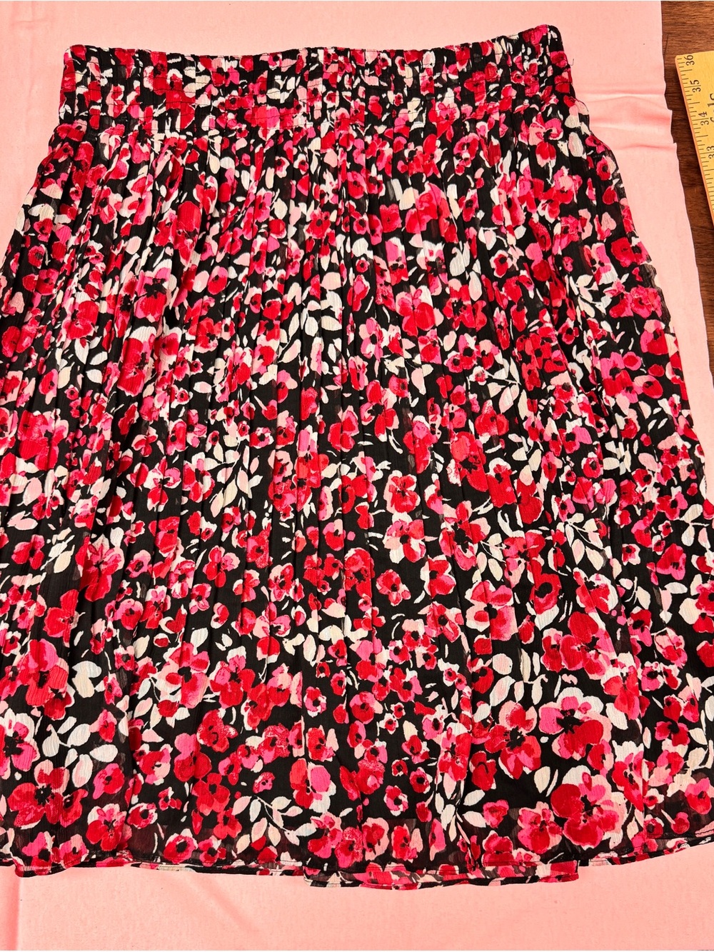 White House Black Market Black Floral Pleated Skirt with Red & White Flowers
